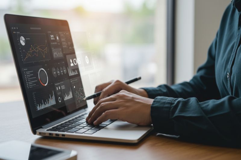 Hands-on-laptop-with screen-showing-simulated-dashboards