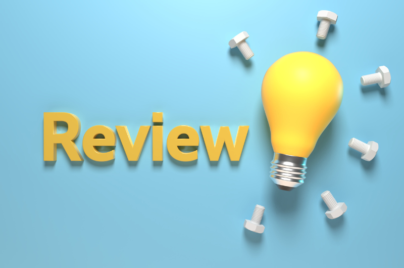 The-word-review-on-light-blue-background-with-lightbulb-and-6-white-nuts-around